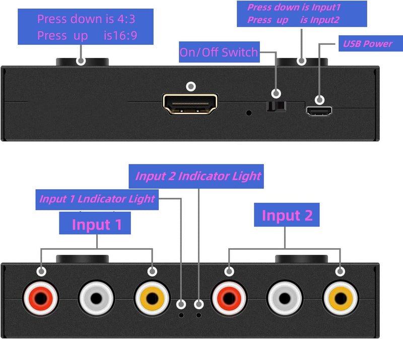 [AUSTRALIA] - 2 AV to HDMI, 1080P/720P 2 Way RCA Composite CVBS AV Switch to HDMI Video Audio Converter Adapter Support 4:3/16:9 Switching, for Sega Xbox PS2 PS3 N64 NGC SNES WII VHS VCR Camera DVD 