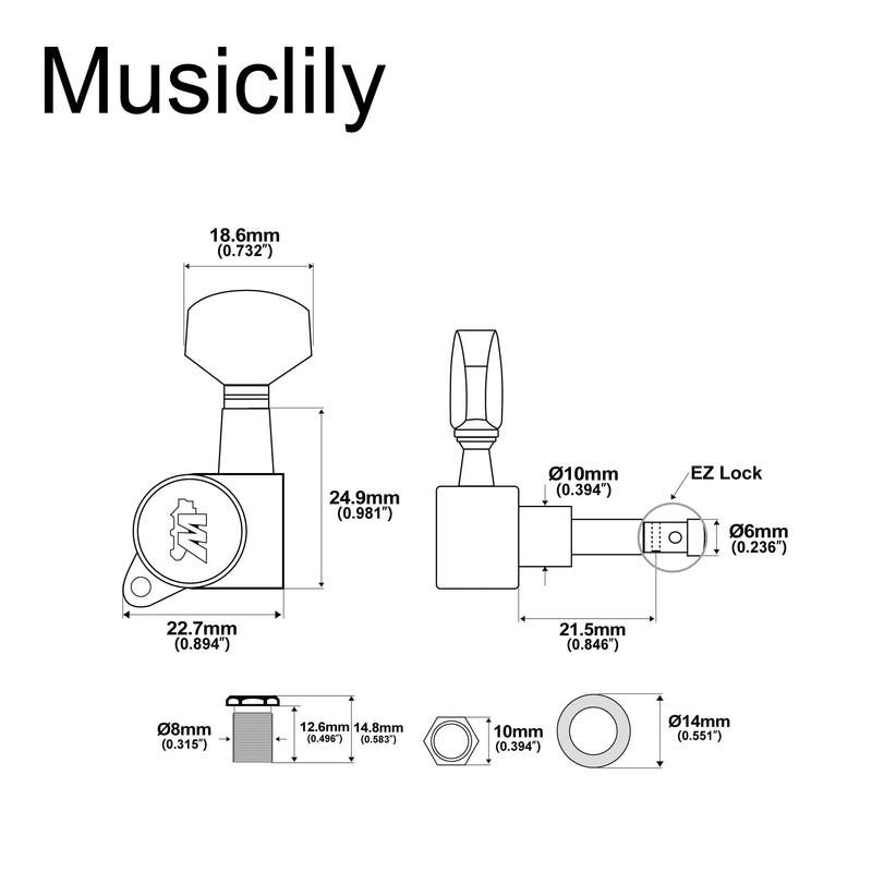 Wilkinson WJN07 Left Handed 6 inline EZ-LOK Guitar Tuners Machine Heads 19:1 Ratio Tuning Pegs Keys for Stratocaster Telecaster Electric Guitar, Black