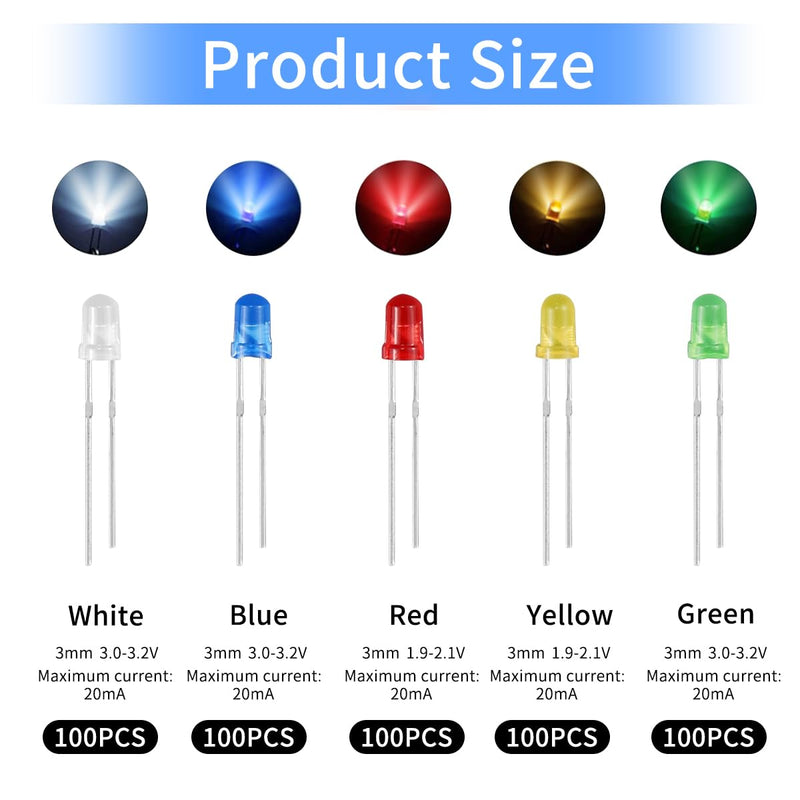 Pack of 500 LED Light Emitting Diodes 3 mm - 5 Colours (Red, Yellow, Blue, Green, White), Extra Bright, 20mA, 3V LED Diodes Assortment for Science, DIY, DIY & Electronics Projects