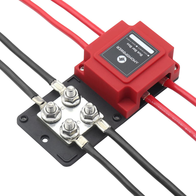 400 Amp Bus Bar Box Copper Heavy-Duty Module with 8 x 3/8" (M10) Studs Terminals Battery Distribution Block DC 48V Black Red Enclosure Cover (Distribution Block)