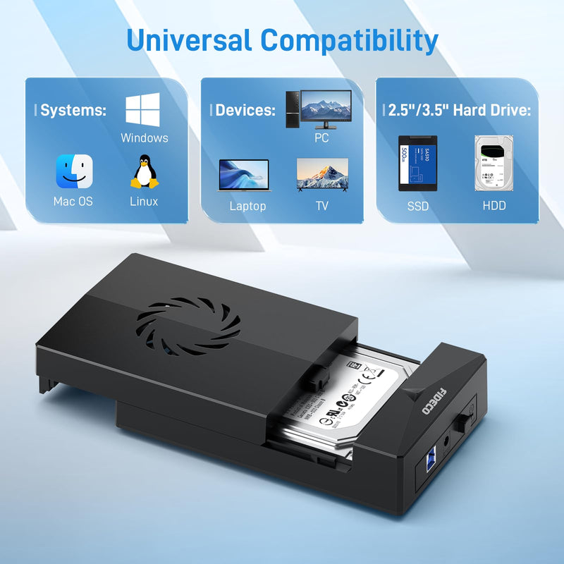 FIDECO Hard Drive Enclosure, USB 3.0 to SATA Hard Drive Docking Station for 3.5 or 2.5 inch SATA HDD SSD with Cooling Fan, 12V Power Adapter Included, Support UASP Dark Black