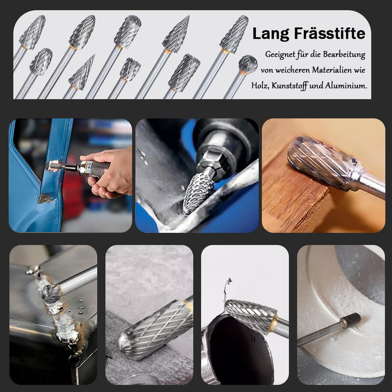 Treki 10 Pieces 100 mm Long Carbide Burrs with 3 mm Shank Tungsten Carbide Milling Cutter Attachment for Cordless Screwdriver, Long Carbide Cutter Metal Cutter Wood Carving Drill Bit Set for