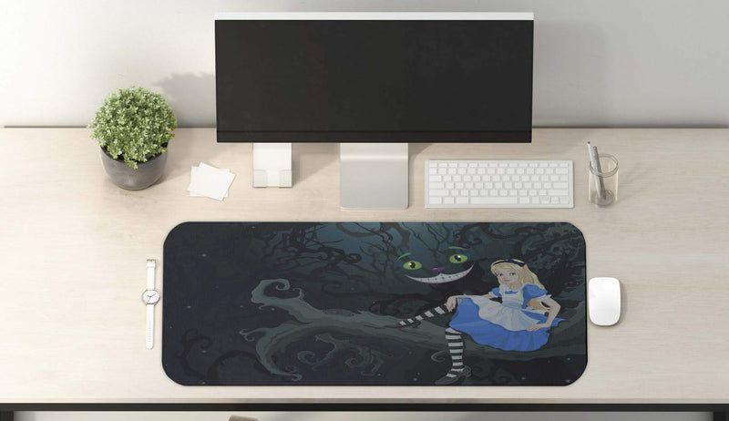 Ambesonne Alice in Wonderland Computer Mouse Pad, Alice Sitting on Branch and Chescire Cat in Darkness Cartoon Style, Rectangle Non-Slip Rubber Mousepad Large, 31" x 12" Gaming Size, Dark Green