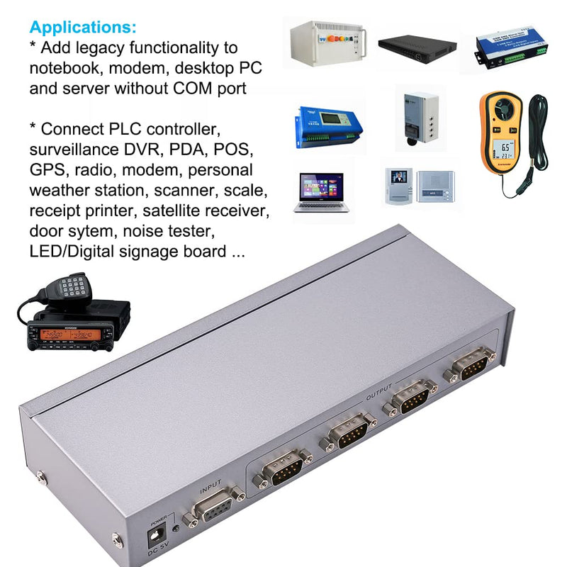 RS232 Splitter, DTECH 4 Port Serial Expansion Box 1x4 COM Port Expander with Power Adapter for Sharing PCs and Capture Data 4-port serial splitter