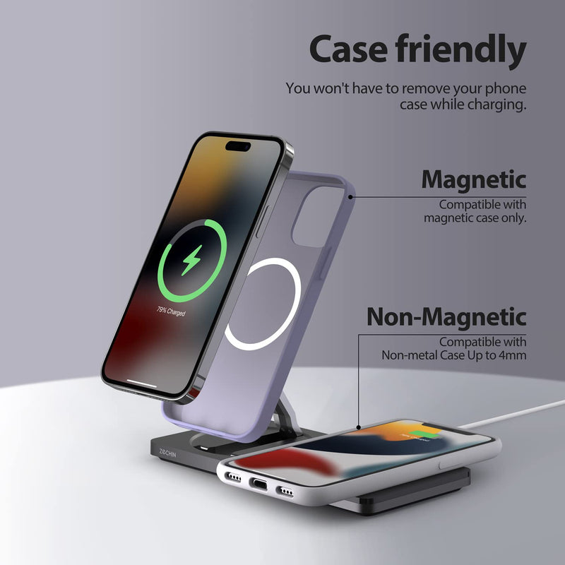 Mag-Safe Charger Stand for iPhone， Wireless Charger Stand for Apple Products, 2 in 1 Magnetic Charging Station for iPhone 15/14/13/12 Series, Airpods 3/2/Pro with Adapter (Black) black