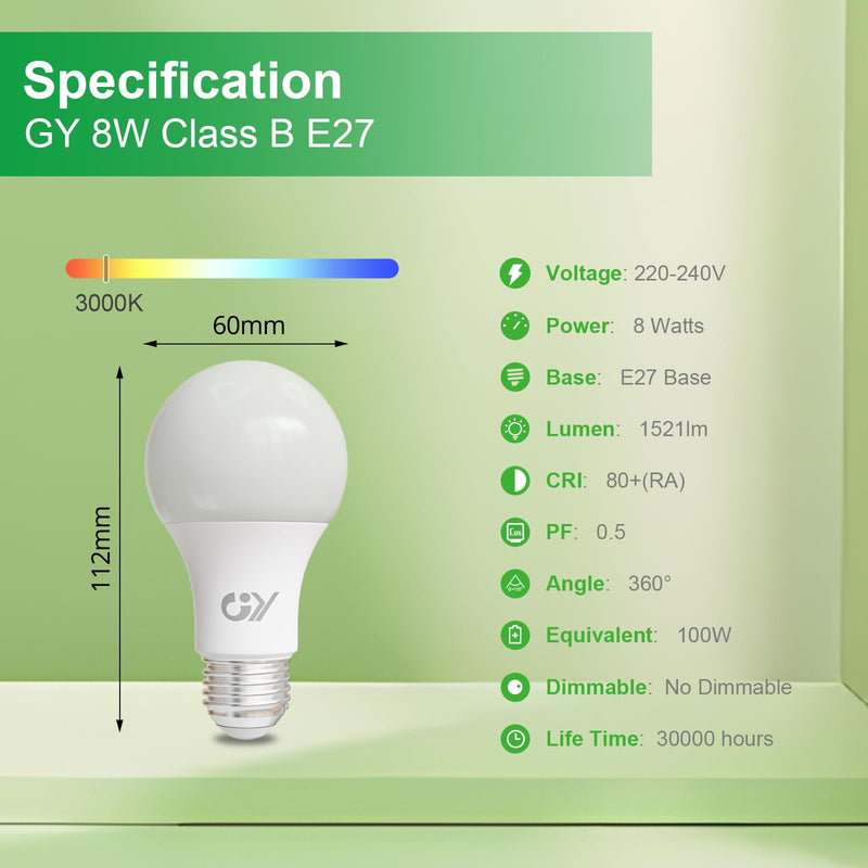 GY E27 LED Warm White Light Bulb, 8 W 1521 LM Energy Saving Bulb, Replaces 100 W Bulbs, Energy Efficiency Class B, A60 LED Warm White, Beam Angle 360° Bulb, Not Dimmable, Pack of 6 A60-8w3000k-6 6 Stück