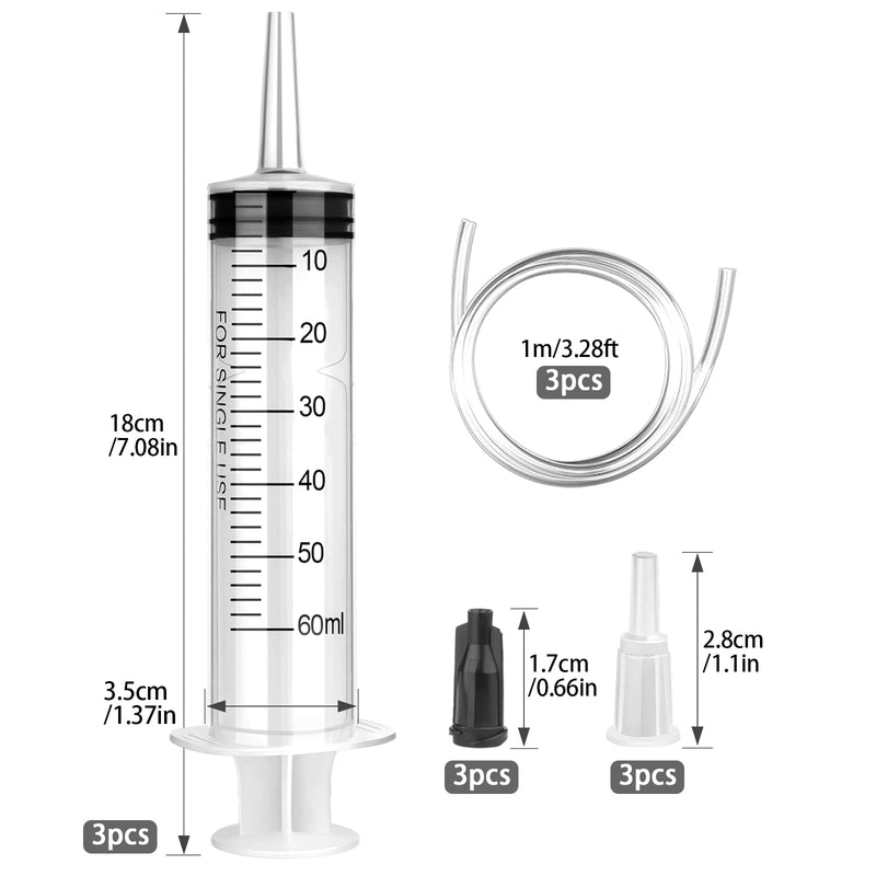 60 ml syringe with hose, 3 pieces reusable syringes 60 ml (50 ml) set, syringe without needle for scientific laboratories, garden irrigation, industry