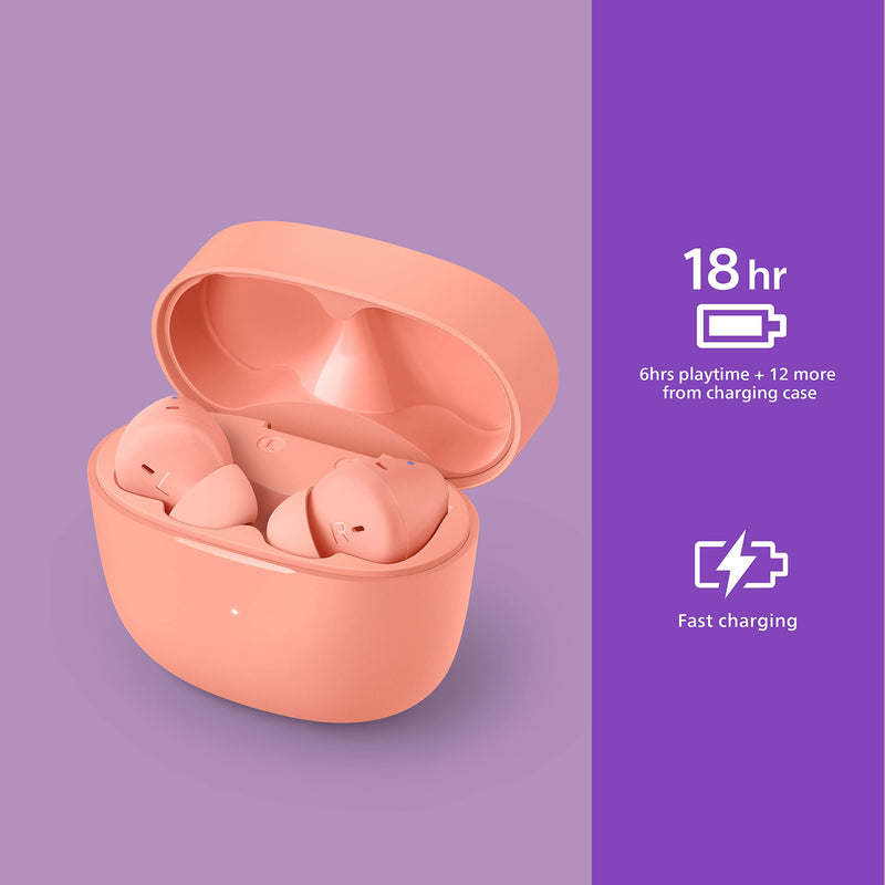 Philips T2206 True Wireless Headphones with IPX4 Water Resistance and Super-Small Charging case Peachy Pink One size fits all In-Ear with Tip
