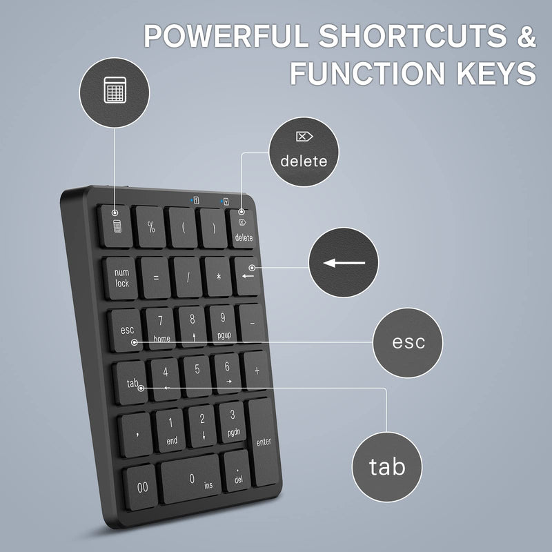 [AUSTRALIA] - PINKCAT Bluetooth Number Pad, 28 Keys Aluminum Rechargeable Wireless Numeric Keypad, Portable Number Numpad Financial Accounting for Laptop, PC, Notebook, Desktop, Surface Pro - Black KF30-BT+Black 
