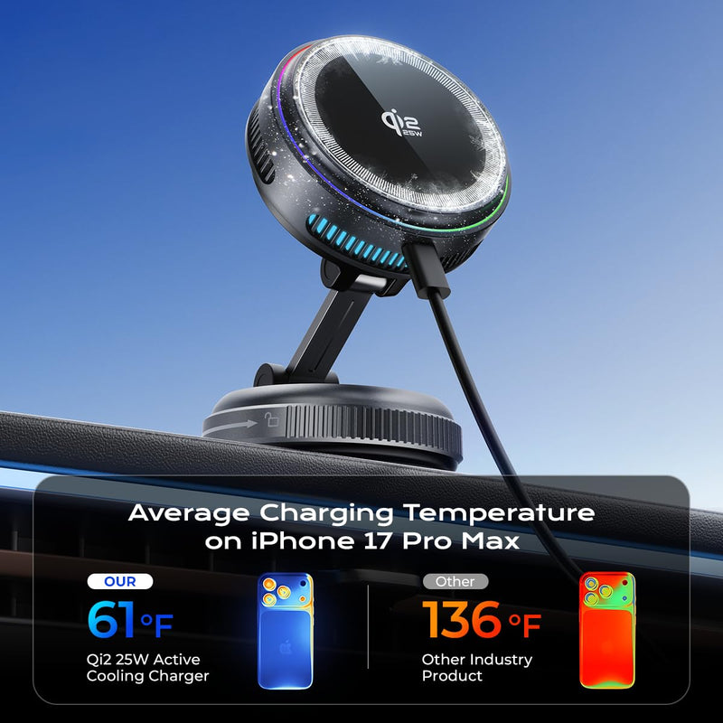 Qi2.2 Magnetic Car Mount Charger【25W Fast Charging+Ice-Cooling】 360° Rotating Fast Wireless Charger Stand with Cooling Fan/LED Light,Vacuum Magnetic Phone Holder Compatible with iPhone 12-17, S26/S25 Stand+Cooling Charging Pad
