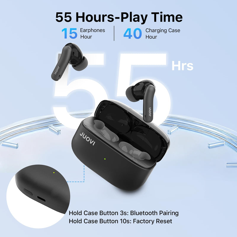 JUOVI Ture Wireless Earbuds Active Noise Cancelling Bluetooth Headphones | 55H Playtime 6-Mic ENC Clear Calls, Bluetooth 5.4 IPX5, 52dB Hybrid ANC in-Ear Earbuds for Phone Laptop etc Black ZT242