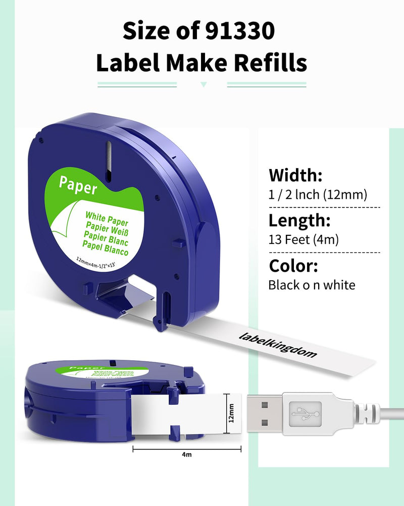 [AUSTRALIA] - Label KINGDOM Replacement for DYMO LetraTag Refills White Paper Tape Compatible with DYMO Tape Refills 91330 Self-Adhesive for DYMO LetraTag LT-100T LT-100H QX50 Label Maker, 1/2 Inch x 13 ft, 3-Pack 
