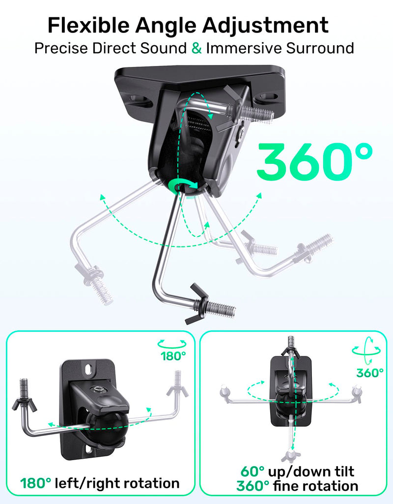 Speaker Ceiling Mount for Satellite Speaker, Tilt and Swivel, 2 Pack | Tilts 60 Degrees and Swivels 360 Degrees, 1/4"-20 M4 M5 Thread Universal Bracket, Ideal for Rear Surround Sound, Easy Install