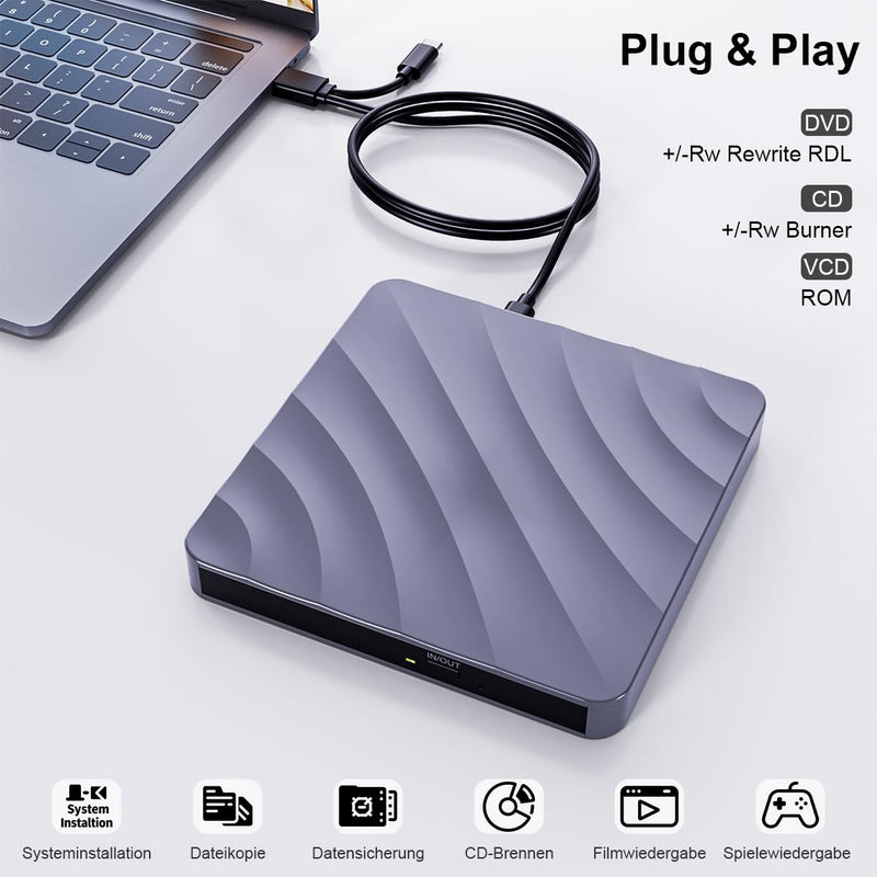 External CD/DVD Drive for Laptop - CD Burner DVD Player for Laptop USB 3.0 +/-RW ROM, External Optical Drives for PC/Mac, Disc Reader for Windows 11/10/8/7/XP/Vista Linux MacOS