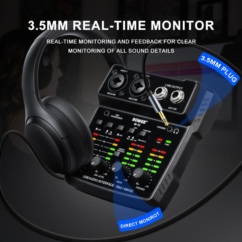 BOMGE M12 USB Audio Interface, 2-Channel Mixer, XLR/3.5mm Input, 48V Power Supply, Sound Card for PC Recording, Studio, Live Show, Karaoke, Plug&Play
