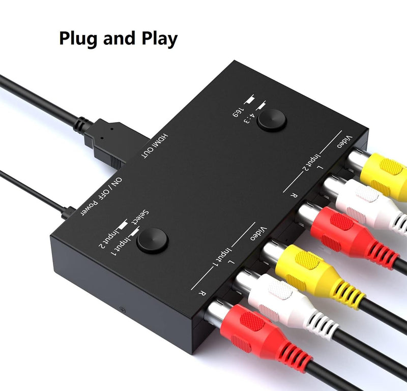 [AUSTRALIA] - 2 AV to HDMI, 1080P/720P TV 2 Way RCA Composite CVBS AV Switch to HDMI Video Audio Converter Adapter Support 4:3/16:9 Switching, for Sega Xbox PS2 PS3 N64 NGC SNES WII VHS VCR Camera DVD 2 RCA Converter 