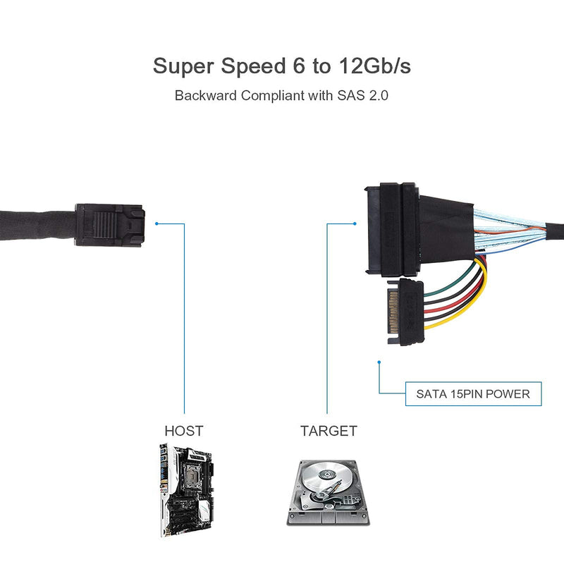 12G Internal Mini SAS SFF-8643 to U.2 SFF-8639 NVMe SSD Cable with 15 pin Male SATA Power Connector, PCIe 4.0, 85 Ohm, 1.6ft/0.5m 0.5 meter