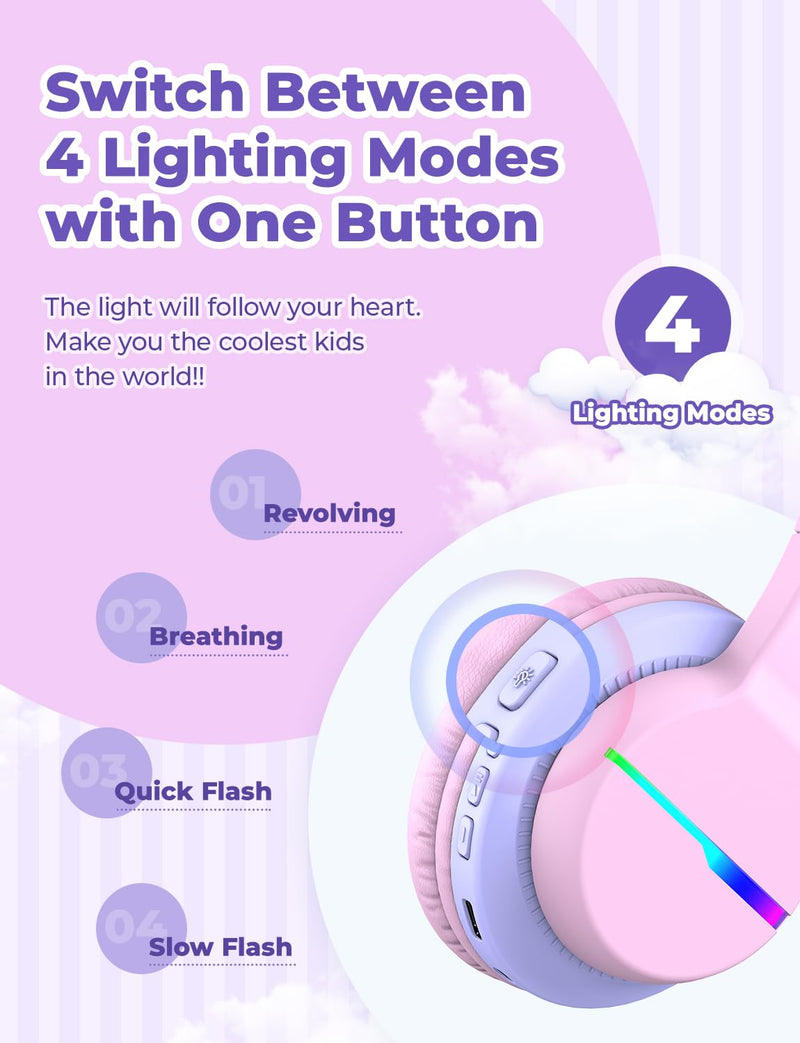 iClever BTH12 Kids Bluetooth Headphones 85H Playtime with LED Lights Travel | SafeSound Tech, Stereo Sound, USB C Charging AUX Cable Over Ear Built-in Mic, Kids Wireless Headphones for Toddler Boys Girls Pink&Black