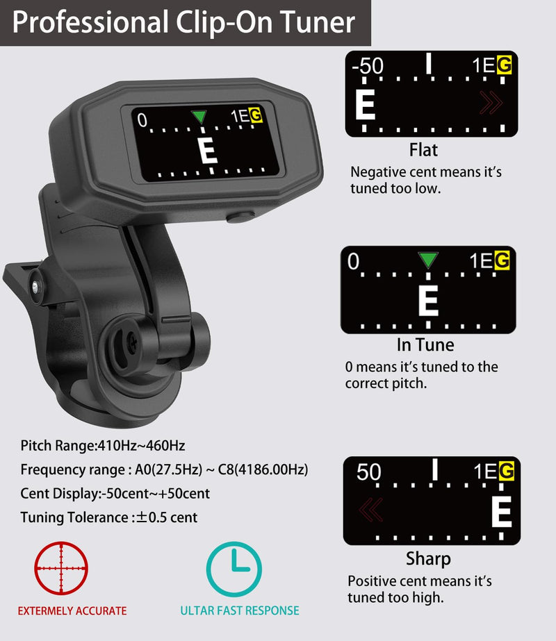 Rechargeable Clip-On Tuner Digital Professional Tuning Tool Tuner for Guitar, Bass, Ukulele, Violin, Mandolin, Banjo, Chromatic Instruments