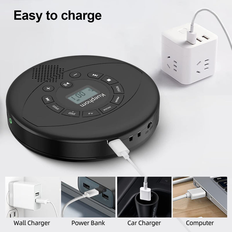 CD player portable,Discman rechargeable,Walkman CD player with speaker,Portable cd player with headphones,CD-R,MP3 USB playable,Anti skip CD playing for car,suitable for personal or multi-users,Black Black
