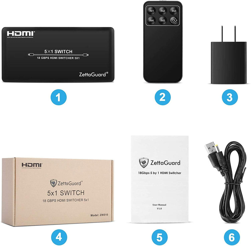 [AUSTRALIA] - 4K 60Hz 5 Port 5 x 1 HDMI Switch with IR Remote Control HDMI 2.0 Switcher Support 18Gbps 4K x 2K 3D HDCP 2.2 HDMI Splitter Hub Port Switches for PS4 Xbox Apple TV Fire Stick Blu-Ray Player 5 In 1 Out 