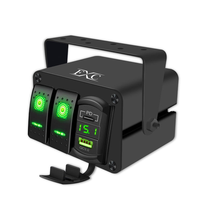 FXC 2 Gang Aluminum Rocker Switch Panel Green Backlit with PD Type C and QC 3.0 USB Charger Voltmeter Waterproof 12V 24V DC Rocker Switch Box for Car Trucks Boats RVs 2 Gang Green