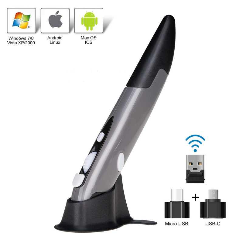 Wireless Optical Pocket Pen Mouse, Lychee 2.4GHZ USB Wireless Optical Pen Mouse 800/1200/1600 DPI Adjustable Handwriting Mini Air Mouse Mice for PC Laptop Notebook Computer Mac (Grey) Grey
