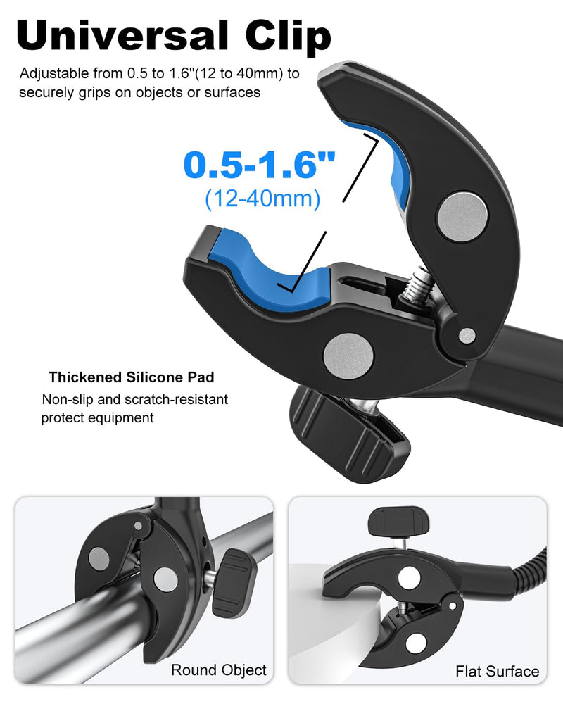 Gooseneck Clamp Camera Mount with 1/4“ 3/8" 5/8" Screw, Go Pro Mounts for Handlebar, Desk, Tube, Cross Bar, Compatible with GoPro Hero 13/Baby Monitor/Logitech Webcam/Insta 360/Field Monitor