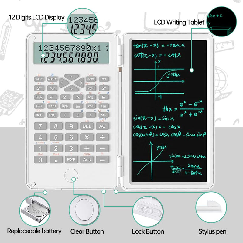 [AUSTRALIA] - 2 in 1 Scientific Calculator with Writing Tablet, Desktop Pocket LCD Science Calculator Notepad Professional Financial Calculator for Home School Office Business(White) White 