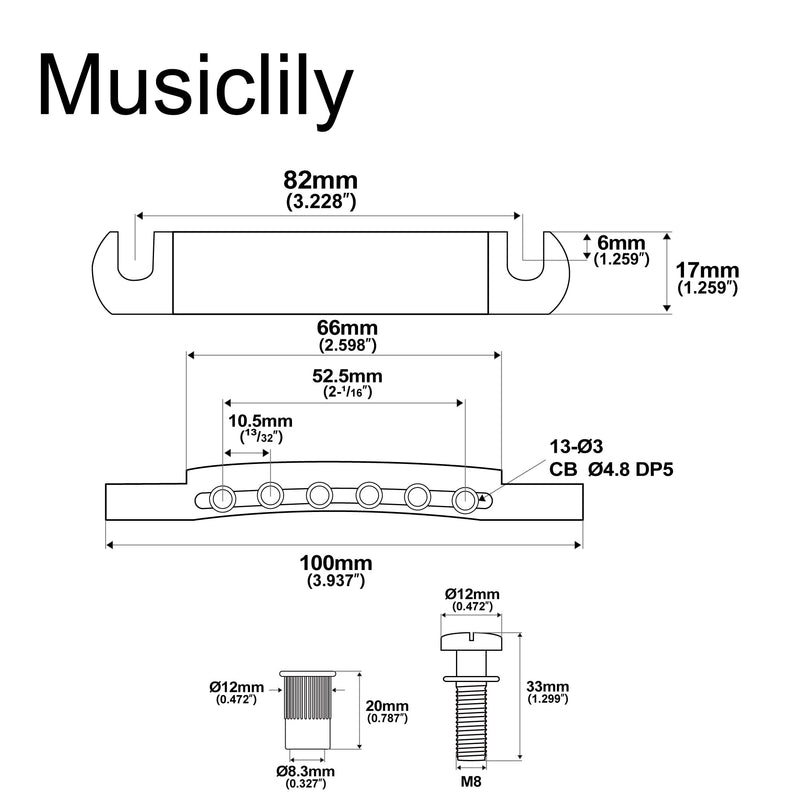 Musiclily Pro 52.5mm 12-string Tune-o-matic Stop Tailpiece for Epiphone Les Paul SG Style Electric Guitar, Chrome