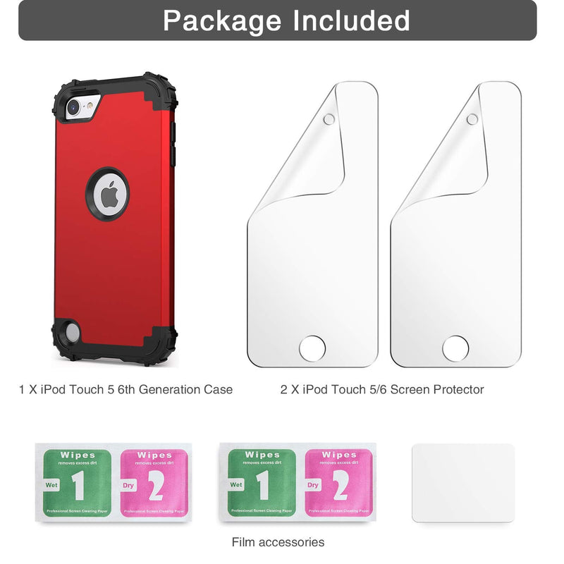 IDweel for iPod Touch 7th Generation Case with 2 Screen Protectors, Hybrid 3 in 1 Shockproof Slim Heavy Duty Hard PC Cover Soft Silicone Bumper Full Body Case for iPod Touch 5/6/7th Gen, Red