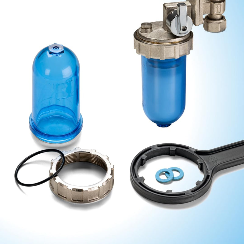 WK Rotating Polyphosphate Dispenser with Bypass, Connections 1/2 Inch, Transparent Shatterproof Pot, Limescale and Corrosion Protection for Sanitary and Sanitary Systems