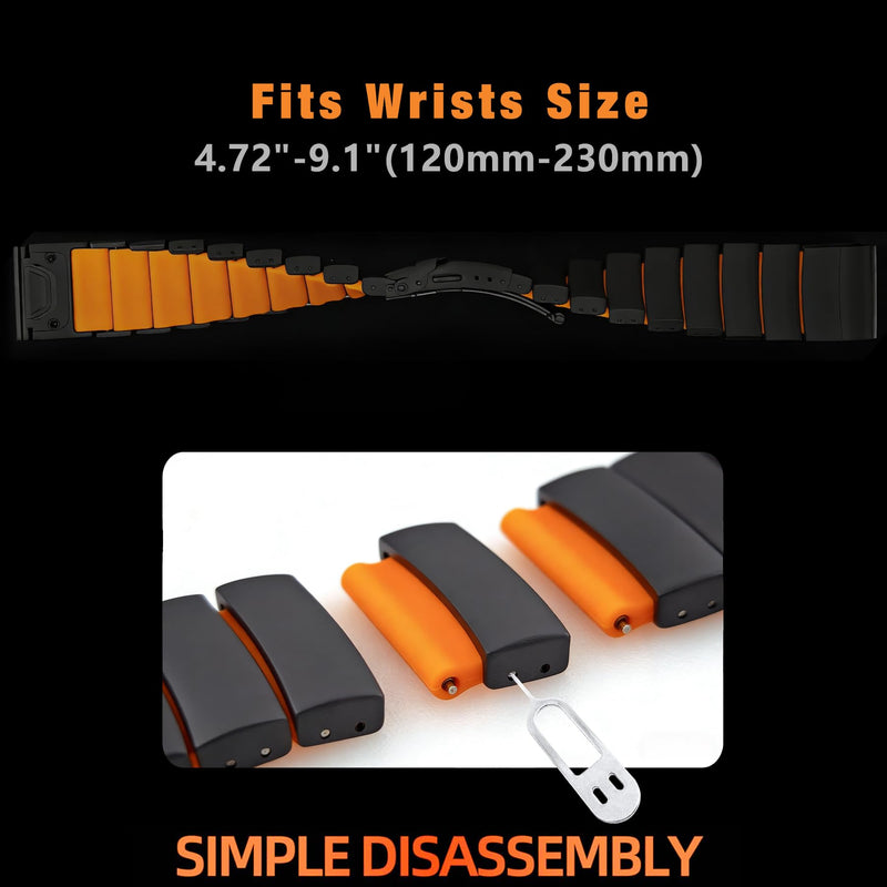 Abanen Lightweight Titanium Silicone Watch Band for Garmin Fenix 8 / Tactix 8 / epix Pro/Enduro, Elevate Dual-Layer Wrist Strap with Flip-Lock Folding Clasp for Fenix 7 /Instinct 3/ Approach S70 47mm Black-Orange 26mm