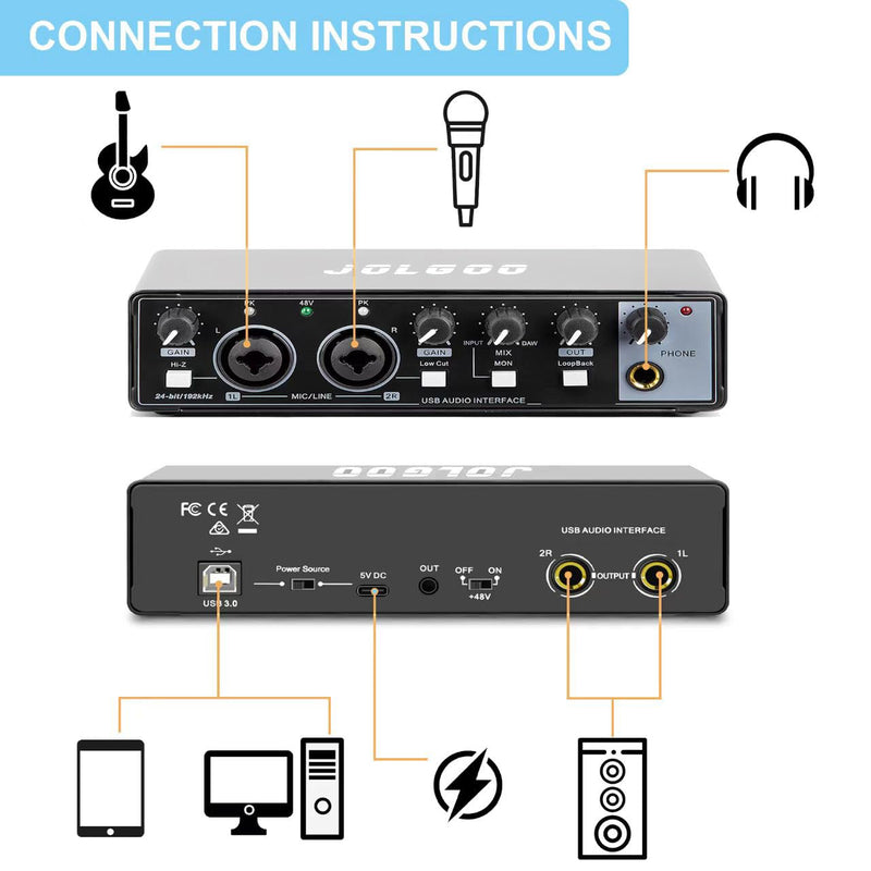 USB Audio Interface, 24-Bit/192kHz Plug & Play Sound Card for Recording – XLR/Line In, Headphone Out, Low Latency, Compatible with PC, Mac, Smartphone