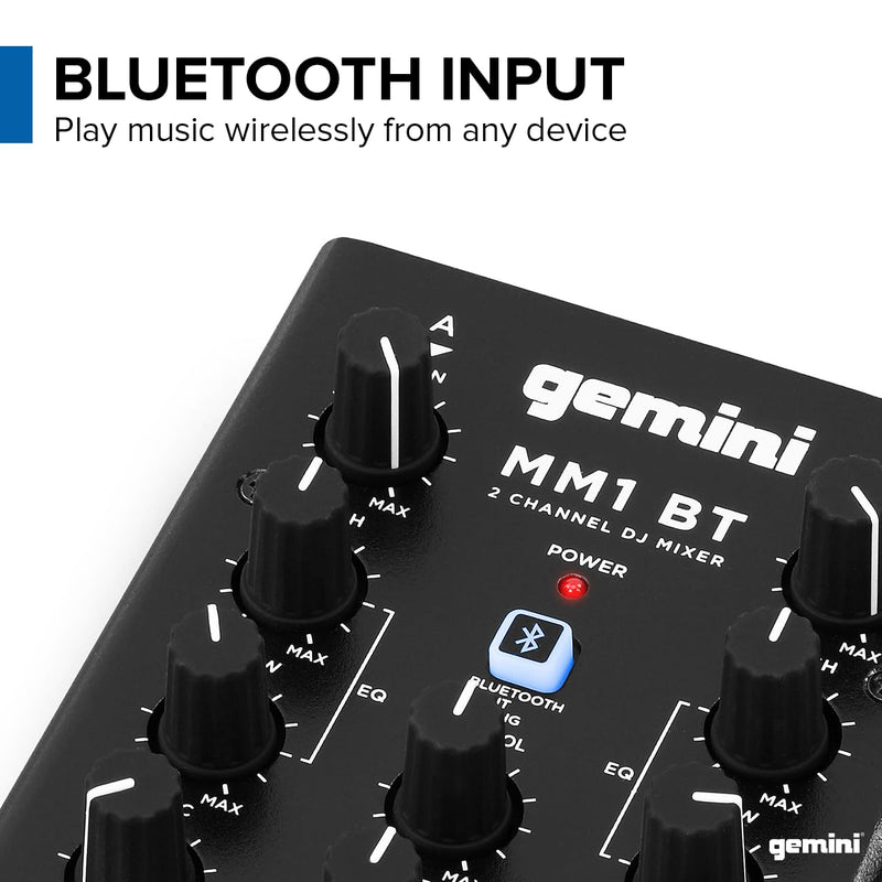 Gemini Portable Bluetooth DJ Mixer – 2-Channel Mini Audio Mixer with Wireless Input, RCA, Mic & Headphone Jacks, EQ & Crossfader – Compact DJ Mixer Board for Beginners & Mobile DJs (MM1BT) MM1BT