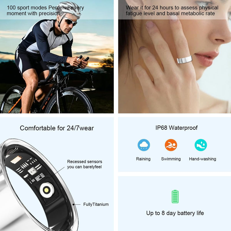 Smart Ring for Women Men Health Tracker Ring No APP Fee 7-Day Battery Life IP68 Waterproof Sleep Step Monitor(Silver, 7) Silver
