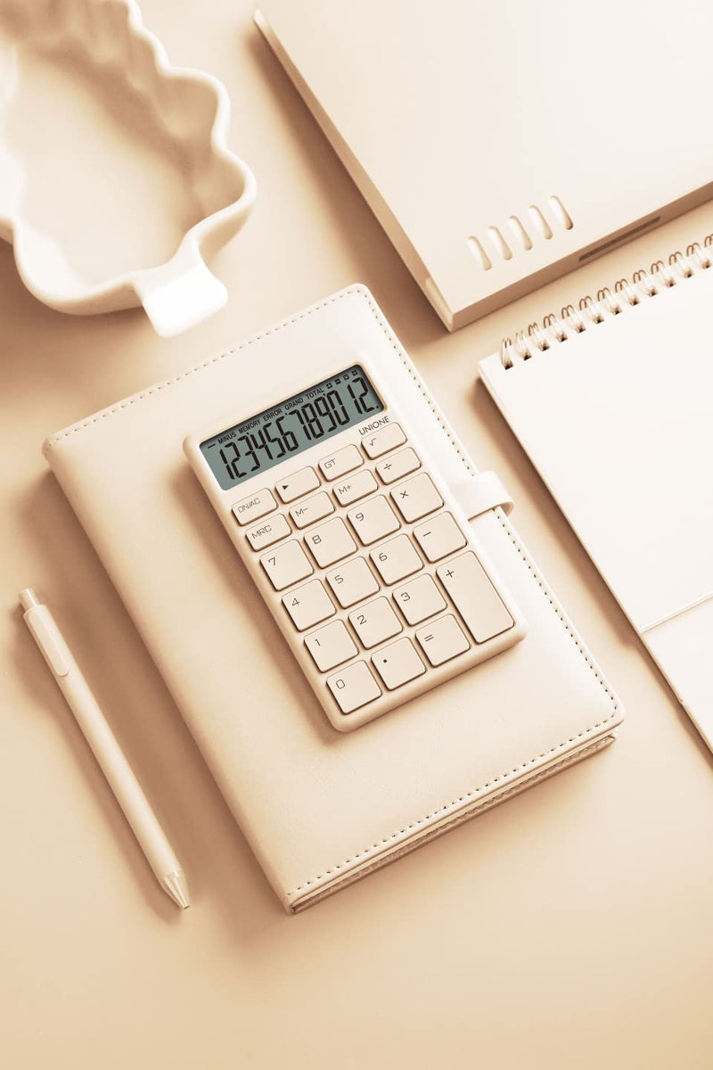 Pocket & Desktop Beige Calculator with a Bright LCD, Dual Power Handheld Desktop. Color. Business, Office, High School