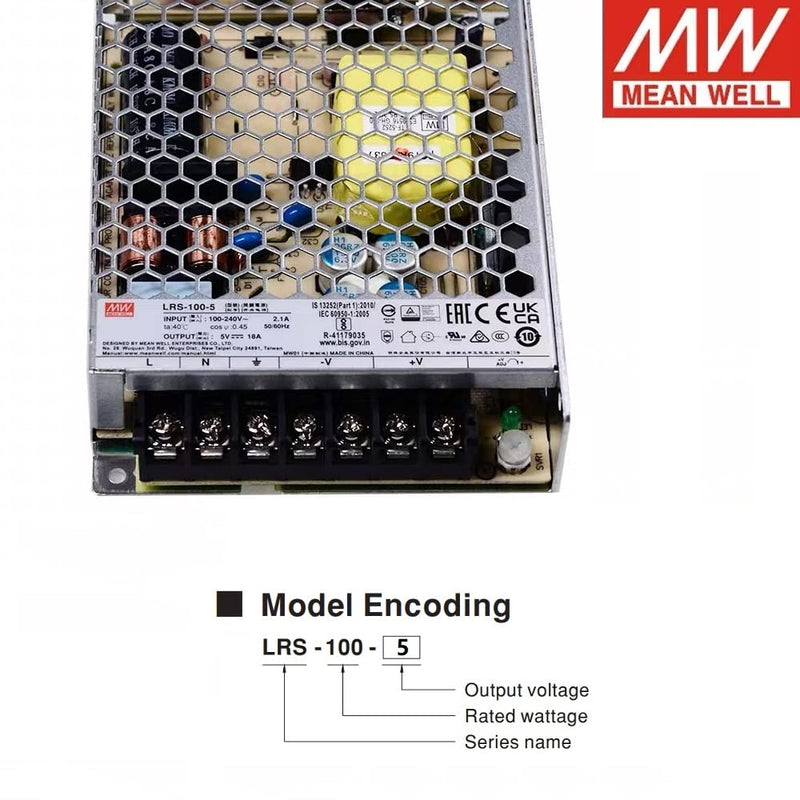 Mean Well 5V Power Supply LRS-100-5, Enclosed DC 90W 18A Single Output Switching Power Supply with a Terminal Cover