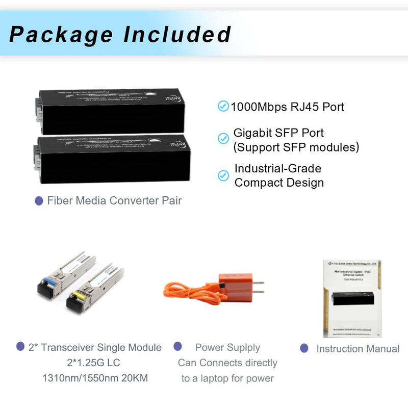 100/1000M SFP Fiber Media Converter A Pair SM 20km DC5V Power Input | Automatic Speed Detection,Compatible With 155M/1.25G SFP Module,3.11 x 1.06 x 0.71 inches,USB Type-C Power Input SMSF