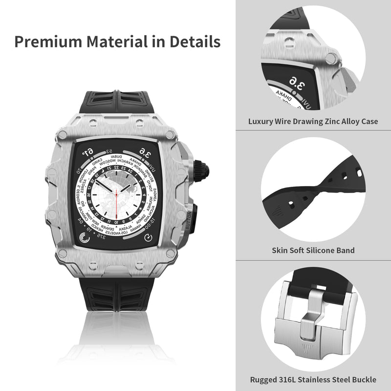 Luxury Rugged Case with Band Compatible for Apple Watch Series 9 8 7 45mm / SE 6 5 4 44mm, Metal Alloy Military Protective Bumper Cover, Tactical Heavy Duty Full Body Protection for Men iWatch Silver Black