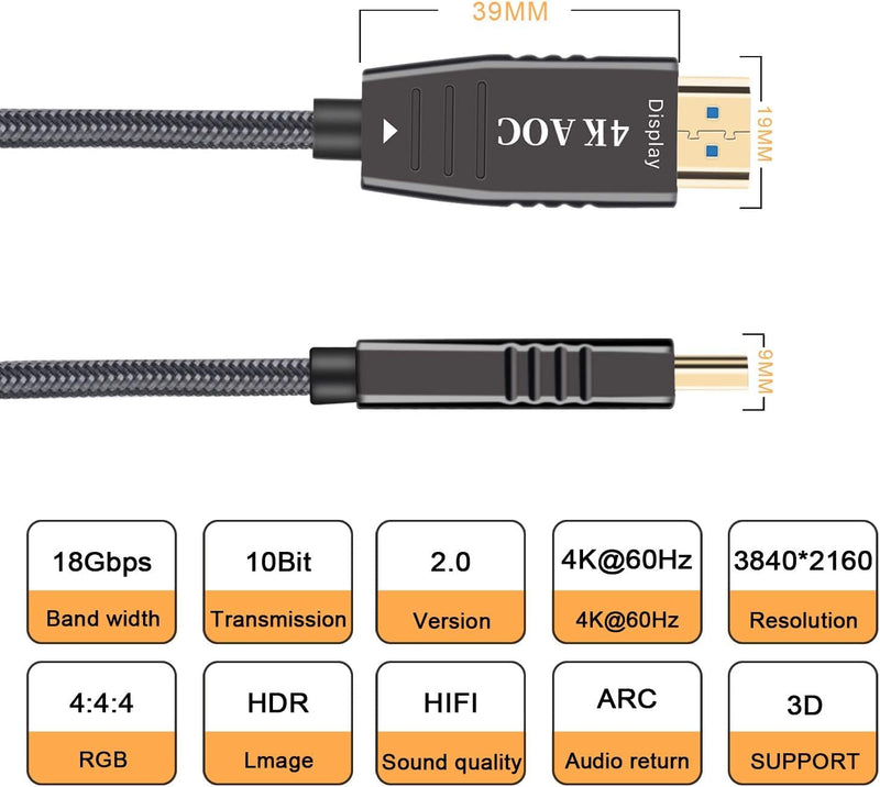 4K Fiber Optic HDMI Cable 50ft, High Speed HDMI 2.0 Cable Support with 4K@60Hz Dynamic HDR 10,eARC,HDCP2.2 50ft 15M