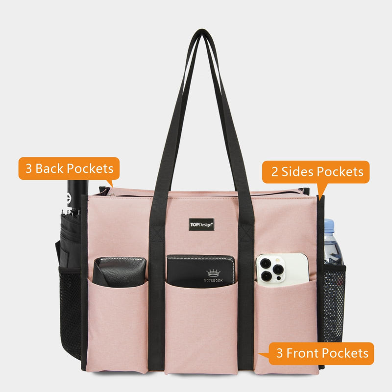 TOPDesign Utility Water Resistant Tote Bag with 13 Pockets, Top Zipper Closure & Thick Bottom Support, for Working Women Medium Pink
