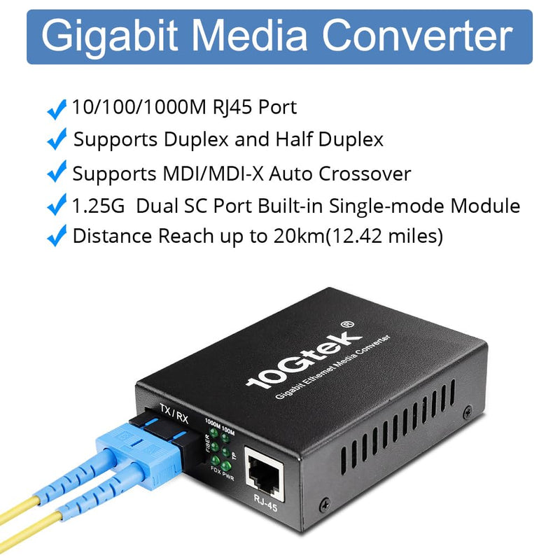 [AUSTRALIA] - 2PCS Gigabit SC to RJ45 Fiber Media Converter, Single Mode to Ethernet Converter 10/100/1000Mbps RJ45 Port to 1000Mbps Single Mode Dual SC Port, SMF, 1310nm, up to 20km, Auto-Negotiation X2 SMF,SC,20km 