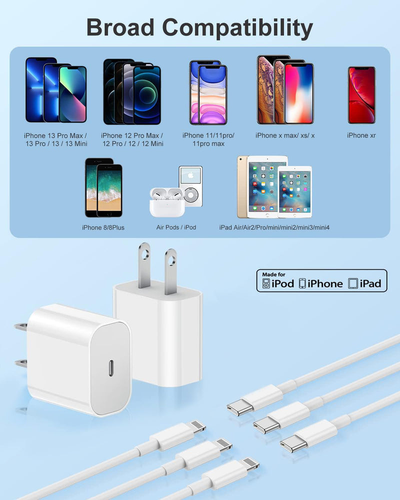 iPhone 14 13 12 Charger Fast Charging, 2 Pack 20W Fast PD USB C Wall Charger Adapter with 3Pack 6Ft USB C to Lightning Cable (MFi Certified) for 14/14 Plus/14 Pro/14 Pro Max/13/ White iPhone 14-6FT