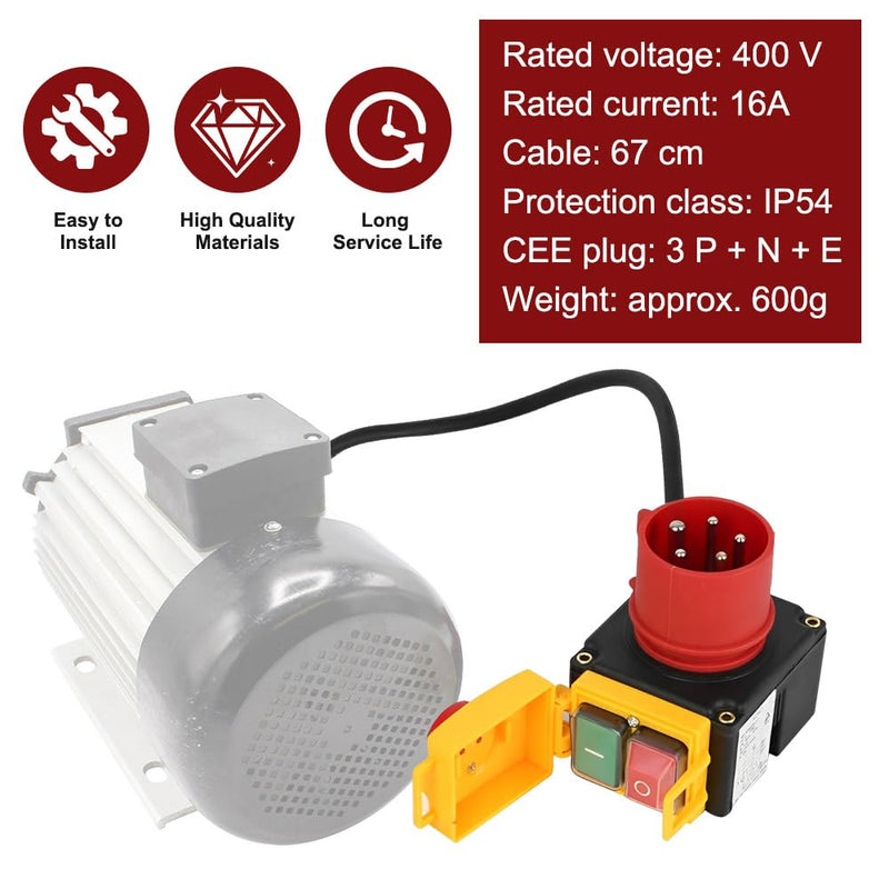 KEDU KOA7 Motor Protection Switch 400 V, 3-Phase Plug Switch with CEE Plug, Machine Switch with Phase Inverter & 67 cm Cable, Waterproof Electromagnetic Switch for Wood Splitter, Identical Design