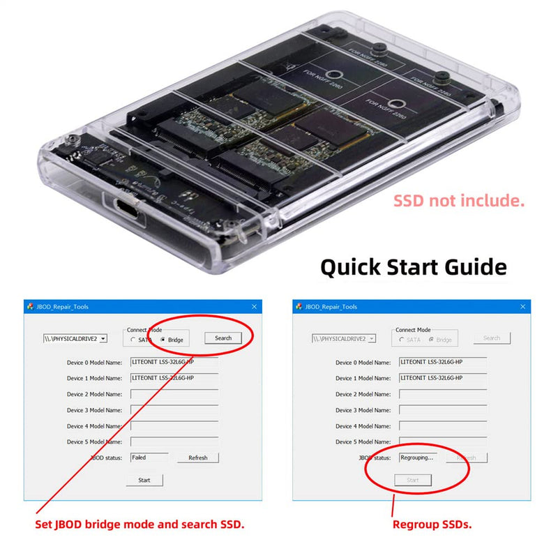 xiwai Dual NGFF B+M-Key M.2 SSD Card JOBD Raid0 Span Bridge to USB3.0 Type-C USB-C 2.5inch SATA Combo Enclosure NGFF+NGFF to USBC