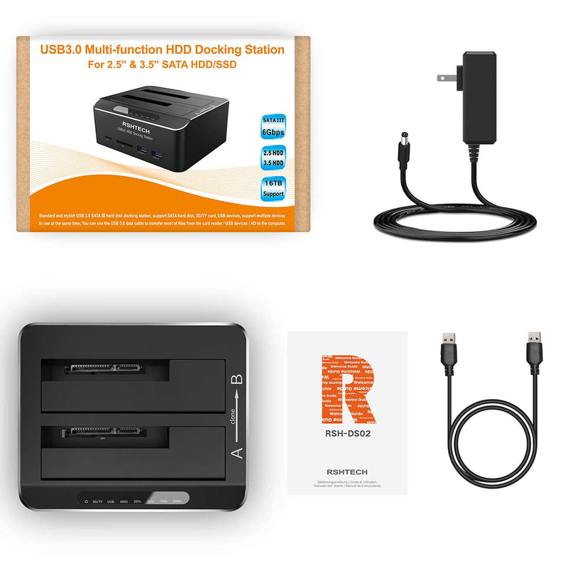 Hard Drive Docking Station RSHTECH USB 3.0 Aluminum Dual Bay Hard Drive Dock for 2.5" & 3.5" SATA HDD SSD with SD TF Card Reader and Offline Clone/Duplicator Function Support 16TB Tool-Free