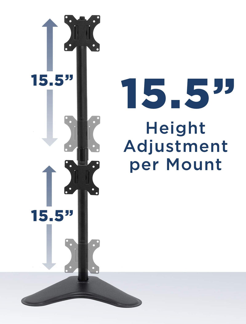 Mount-It! Vertical Dual Monitor Stand, Freestanding Stacked Monitor Mount for 2 Screens 17–32", Height Adjustable, Tilt Swivel Rotate, Portrait or Landscape, Holds 17.6 lbs per Arm, No Desk Clamp Needed
