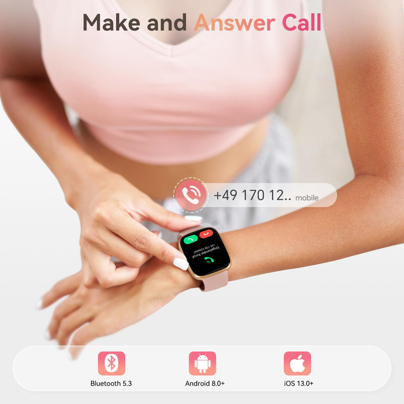 Smart Watch for Women, Answer/Make Call, 1.85" AMOLED Always-On Screen Smartwatch for iPhone & Android, 3ATM Waterproof Fitness Tracker with Heart Rate/Sleep/SpO2 Monitor, 120+ Sport Modes, 2 Bands Pink
