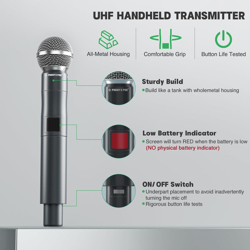 Phenyx Pro Professional Wireless Microphone, 914.9MHz UHF Dynamic Microphone, Metal Cordless Mic, Handheld Mic Transmitter for PTU-5000/PTU-4000 Series (PWH-5-914.9)